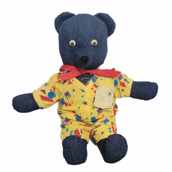 Handmade 17" Denim Teddy Bear Plush Stuffed Animal Googly Eyes Lovely Vintage - Picture 1 of 10